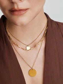 Vandermere 1pc Double Layer Stainless Steel Engraved Round Disc Plated Gold Chain Necklace - Round Plaque Without Words - View 4