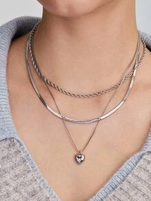Vandermere Bộ 3 dây chuyền xoắn sang trọng kèm mặt dây chuyền hình trái tim, thích hợp cho phái nữ đeo trong kỳ nghỉ hè - Bạc - Xem 5
