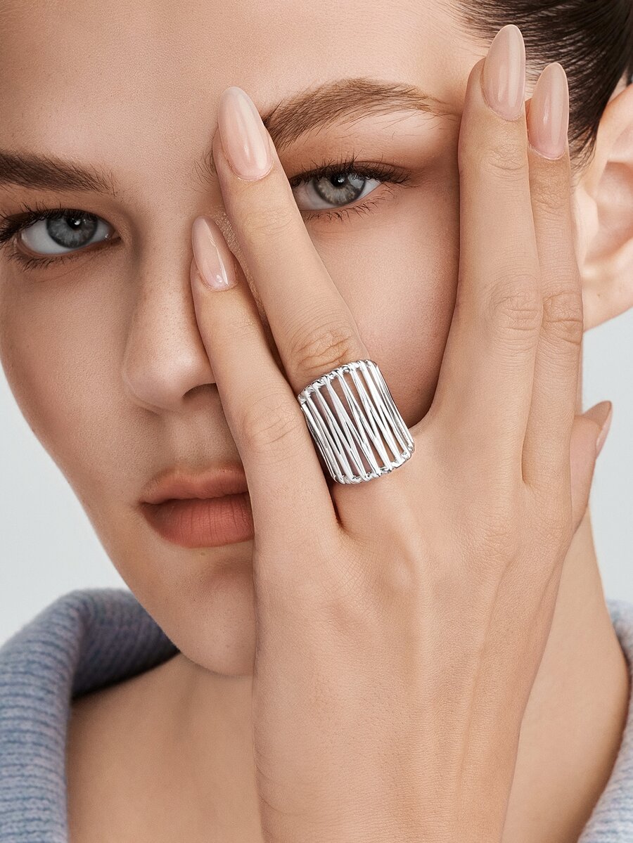 Vandermere 1pc Fashionable 14k Gold Plated Dopamine Stainless Steel Baroque Style Wide Decorated Open Ring, Suitable For Daily Wear And Gift Giving For Women - Silver - View 1