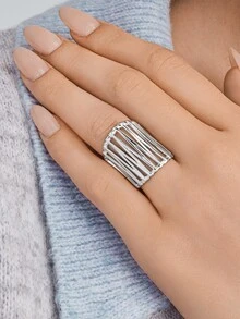 Vandermere 1pc Fashionable 14k Gold Plated Dopamine Stainless Steel Baroque Style Wide Decorated Open Ring, Suitable For Daily Wear And Gift Giving For Women - Silver - View 3