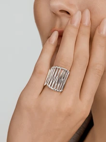 Vandermere 1pc Fashionable 14k Gold Plated Dopamine Stainless Steel Baroque Style Wide Decorated Open Ring, Suitable For Daily Wear And Gift Giving For Women - Silver - View 4