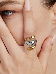 Vandermere 1pc Women's Stainless Steel Ring, Gold Plated Two-Tone Curved Smooth Band - Gold - View 1