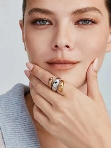 Vandermere 1pc Women's Stainless Steel Ring, Gold Plated Two-Tone Curved Smooth Band - Gold - View 4