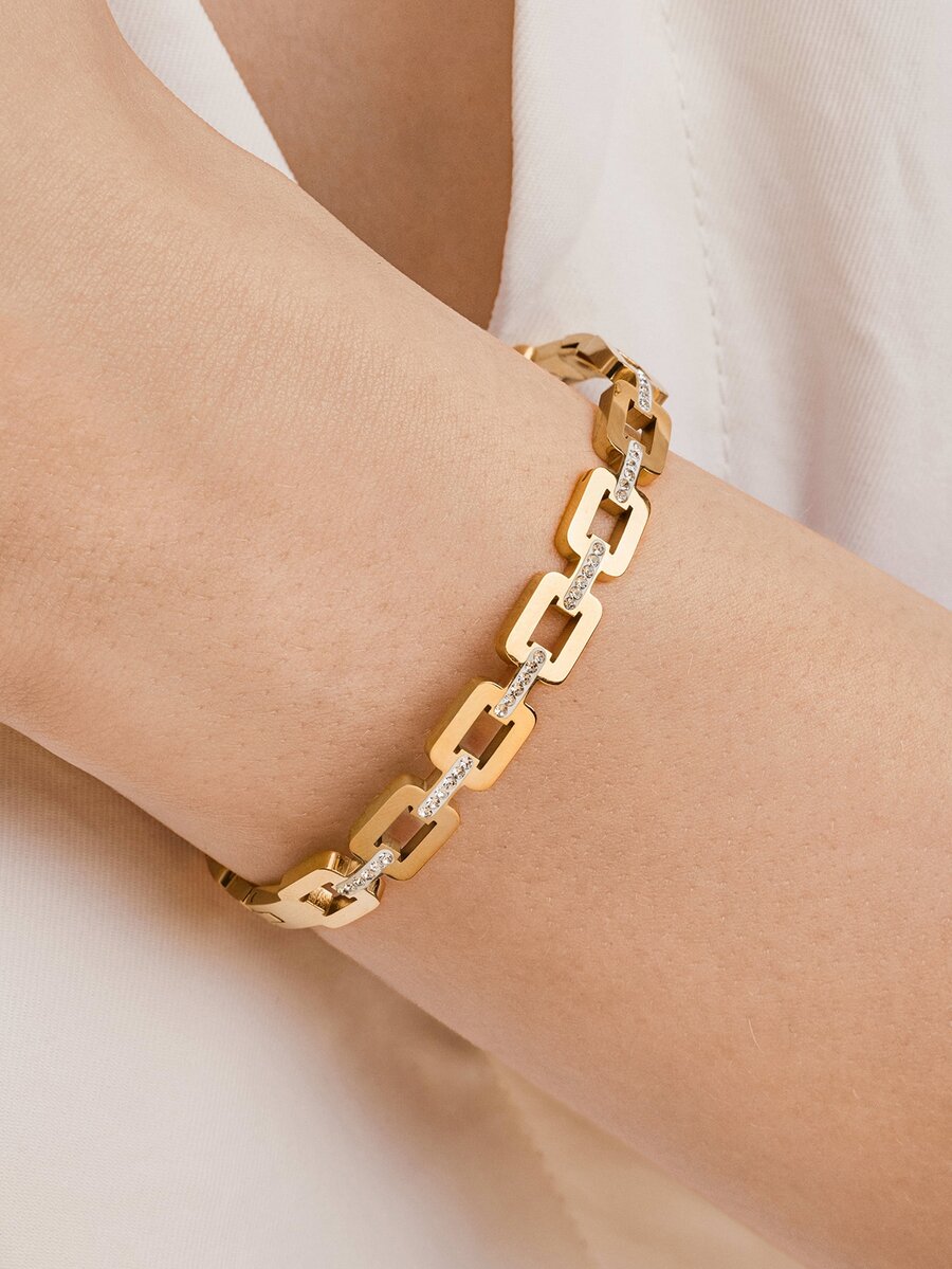 Vandermere Pulsera De Forma Rectangular De Acero Inoxidable Y Titanio Con Diamantes De Imitación, Color Dorado, Moderna Y Versátil - Dorado - Ver 1