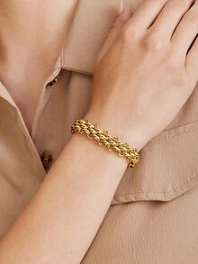 Vandermere 1pc Stainless Steel Wide Exaggerated Braided Bracelet, Long-Lasting Vacuum Plating Color Retention - Gold Glossy - View 3