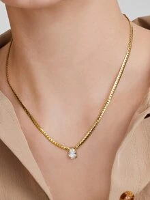 Vandermere 1pc 18K Gold Plated Stainless Steel Teardrop Rhinestone Pendant Necklace, Suitable For Women Daily & Wedding Wear As Gift - Yellow Gold - View 4