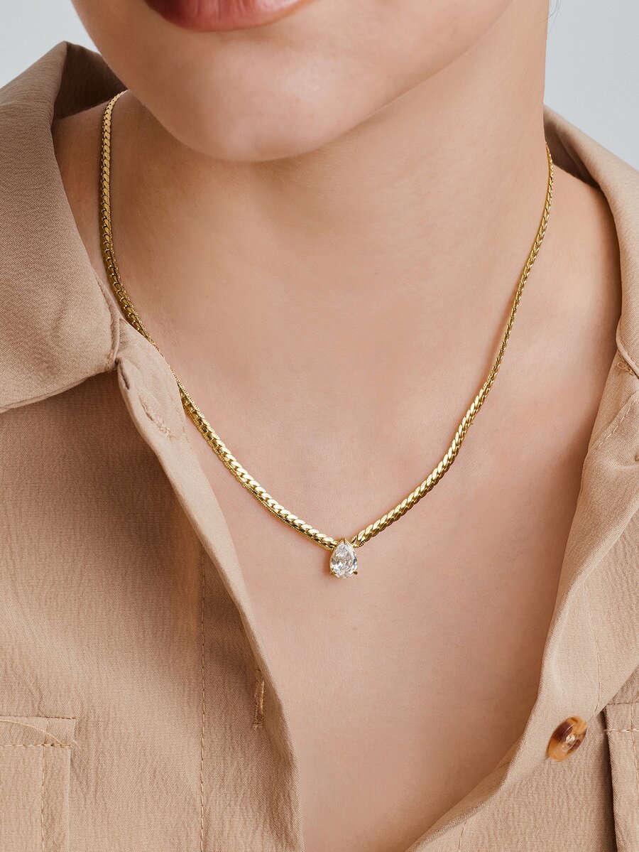 Vandermere 1pc 18K Gold Plated Stainless Steel Teardrop Rhinestone Pendant Necklace, Suitable For Women Daily & Wedding Wear As Gift - Yellow Gold - View 1