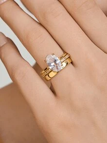 Vandermere 3pcs Unique Oval Cut Cubic Zirconia Bridal Set, Engagement Ring, Promise Ring, Wedding Band, Eternal & Plain Ring Set Gift - Gold - View 3