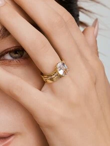 Vandermere 3pcs Unique Oval Cut Cubic Zirconia Bridal Set, Engagement Ring, Promise Ring, Wedding Band, Eternal & Plain Ring Set Gift - Gold - View 1