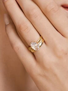 Vandermere 3pcs Unique Oval Cut Cubic Zirconia Bridal Set, Engagement Ring, Promise Ring, Wedding Band, Eternal & Plain Ring Set Gift - Gold - View 5