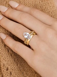 Vandermere 3pcs Unique Oval Cut Cubic Zirconia Bridal Set, Engagement Ring, Promise Ring, Wedding Band, Eternal & Plain Ring Set Gift - Gold - View 6