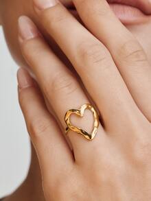 Vandermere 1pc Fashionable Stainless Steel Heart Decor Cuff Ring For Women For Daily Decoration - Yellow Gold - View 4