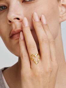Vandermere 1pc Fashionable Stainless Steel Heart Decor Cuff Ring For Women For Daily Decoration - Yellow Gold - View 5