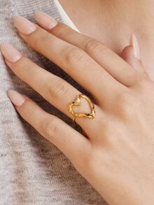 Vandermere 1pc Fashionable Stainless Steel Heart Decor Cuff Ring For Women For Daily Decoration - Yellow Gold - View 6