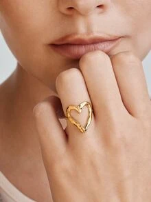 Vandermere 1pc Fashionable Stainless Steel Heart Decor Cuff Ring For Women For Daily Decoration - Yellow Gold - View 3