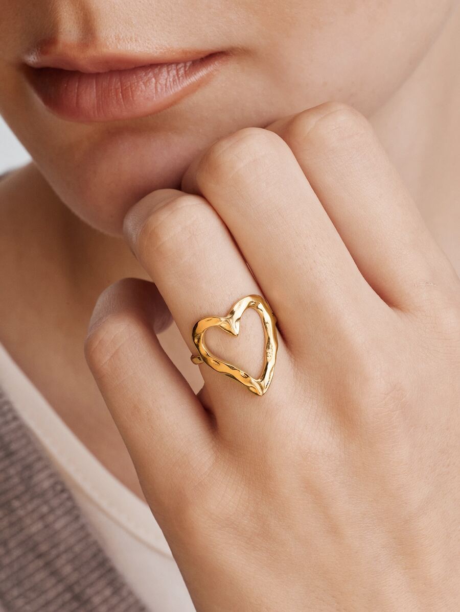 Vandermere 1pc Fashionable Stainless Steel Heart Decor Cuff Ring For Women For Daily Decoration - Yellow Gold - View 1
