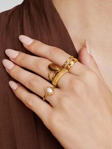 Vandermere 4pcs Fashion Vintage Stainless Steel Gold-Plated Old Money Style Geometric Oval Line Rings Set Suitable For Women's Daily Wear - Yellow Gold - View 5