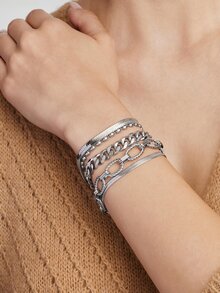 Vandermere 5 Cái/bộ Bộ vòng tay chuỗi nhiều lớp bằng thép không gỉ dành cho nữ, Phong cách Hip-Hop tối giản thời trang, thích hợp để mặc trong lễ hội âm nhạc - bộ vòng tay - Xem 8