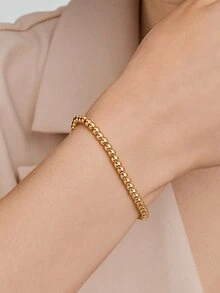 Vandermere 1pc Simple & Fashionable Stainless Steel Plated Round Pendant Adjustable Beaded Bracelet For Engraving - Gold - View 1