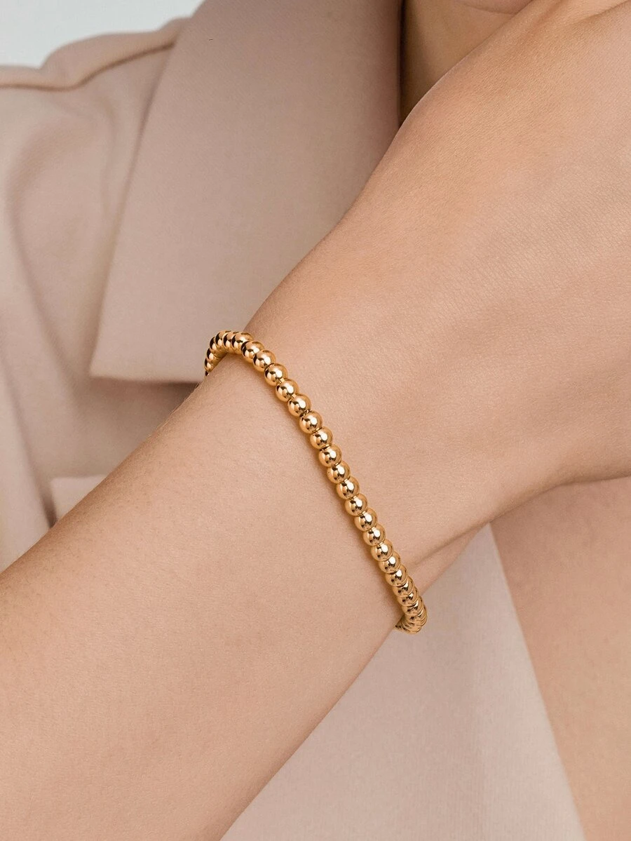 Vandermere 1pc Simple & Fashionable Stainless Steel Plated Round Pendant Adjustable Beaded Bracelet For Engraving - Gold - View 1