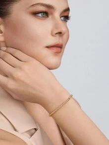 Vandermere 1pc Simple & Fashionable Stainless Steel Plated Round Pendant Adjustable Beaded Bracelet For Engraving - Gold - View 3