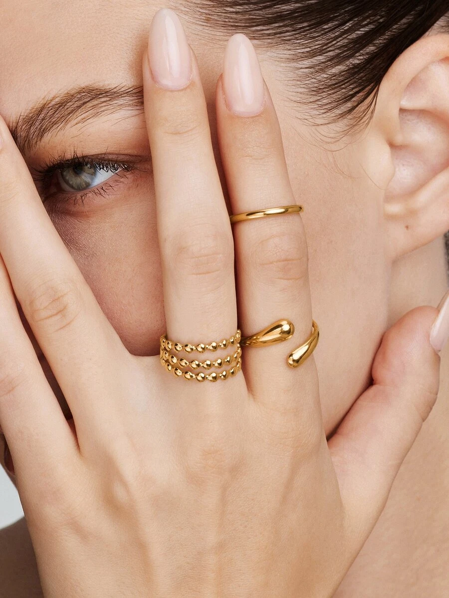 Vandermere 3pcs/Set Gold-Tone Stainless Steel Adjustable Water Drop Ring - Yellow Gold - View 1