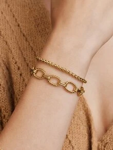 Vandermere 2pcs Hip-Hop & Fashionable Stainless Steel Chunky Chain Bracelet, Unisex Daily Wear - Bracelet - View 6