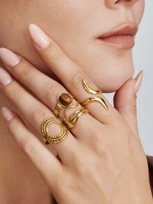 Vandermere 4pcs Fashion Vintage Stainless Steel Gold-Plated Old Money Style Geometric Oval Line Ring Set, Suitable For Women's Daily Wear - Multicolor - View 4