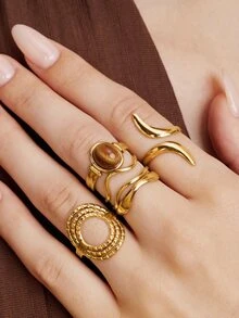 Vandermere 4pcs Fashion Vintage Stainless Steel Gold-Plated Old Money Style Geometric Oval Line Ring Set, Suitable For Women's Daily Wear - Multicolor - View 5
