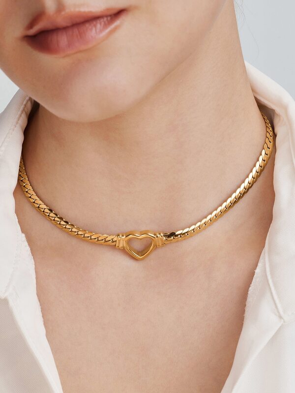 Vandermere 1pc Minimalist Waterproof 14K Gold Plated Stainless Steel Snake Chain Necklace Hollow Heart Design