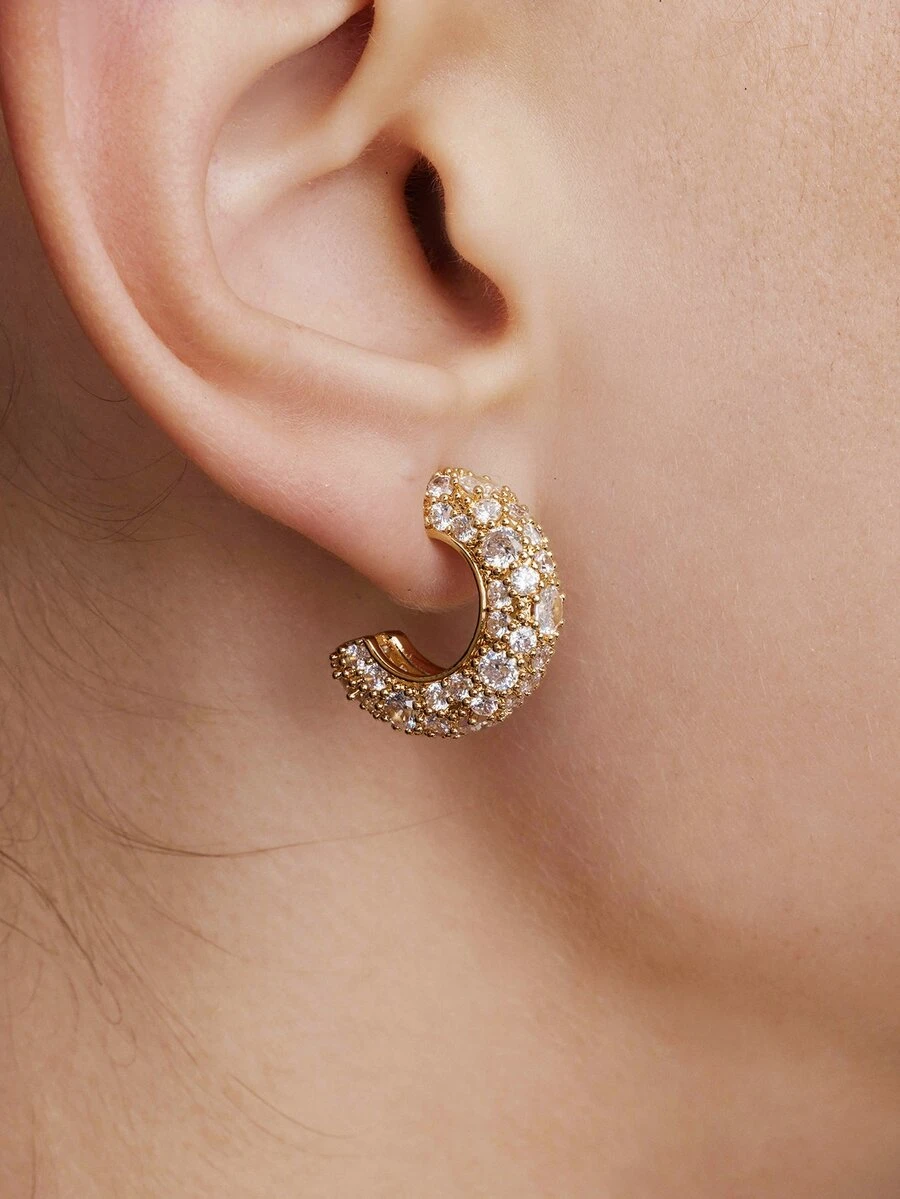Vandermere 1 đôi Đúng mốt Khối Zirconia Hình C Thiết kế đơn giản Thanh lịch Chất lượng Quý cô Hoa tai - Vàng - Xem 1