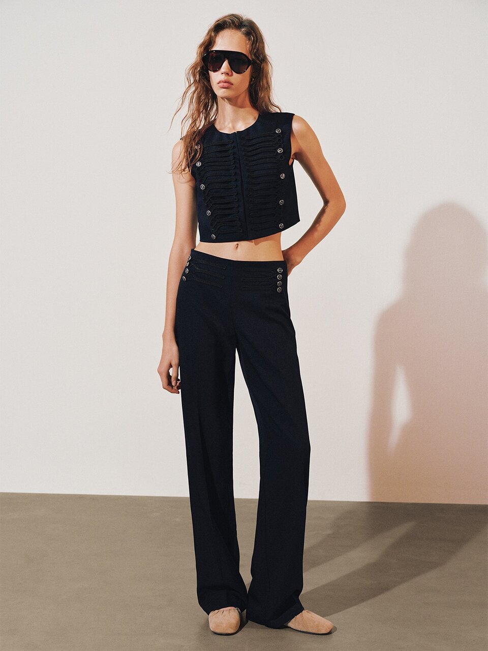 MOTF WOMEN'S NAVY BLUE CROPPED MILITARY STYLE BUTTON VEST JACKET