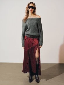 MOTF PREMIUM LACE PATCHWORK HIGH SLIT LONG ASYMMETRICAL SKIRT - Burgundy - View 4