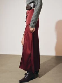 MOTF PREMIUM LACE PATCHWORK HIGH SLIT LONG ASYMMETRICAL SKIRT - Burgundy - View 7
