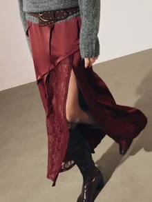 MOTF PREMIUM LACE PATCHWORK HIGH SLIT LONG ASYMMETRICAL SKIRT - Burgundy - View 8