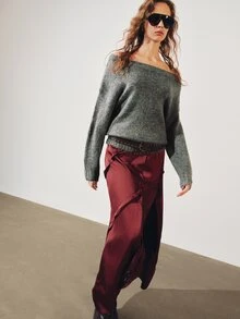 MOTF PREMIUM LACE PATCHWORK HIGH SLIT LONG ASYMMETRICAL SKIRT - Burgundy - View 5