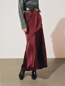 MOTF PREMIUM LACE PATCHWORK HIGH SLIT LONG ASYMMETRICAL SKIRT - Burgundy - View 3