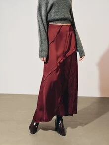 MOTF PREMIUM LACE PATCHWORK HIGH SLIT LONG ASYMMETRICAL SKIRT - Burgundy - View 6