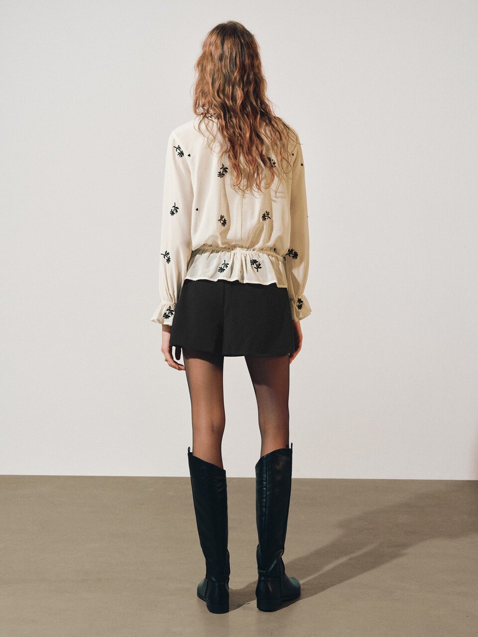 MOTF BEADED EMBROIDERED RUCHED LOOSE FIT STAND COLLAR RUFFLE LONG SLEEVE BLOUSE