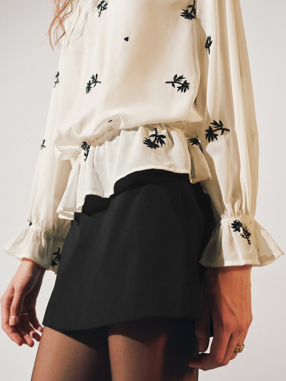 MOTF BEADED EMBROIDERED RUCHED LOOSE FIT STAND COLLAR RUFFLE LONG SLEEVE BLOUSE