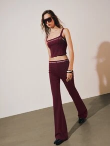 MOTF PREMIUM SET 2 POTONG ATASAN CAMI DEKORASI BERHIAS KANCING DAN CELANA PANJANG LEBAR PINGGANG RENDAH - Burgundy - View 3