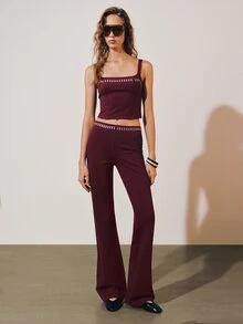 MOTF PREMIUM SET 2 POTONG ATASAN CAMI DEKORASI BERHIAS KANCING DAN CELANA PANJANG LEBAR PINGGANG RENDAH - Burgundy - View 4