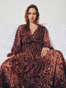 MOTF PREMIUM MINIMALIST BOHO PRINT DEEP V-NECK LONG LOOSE A-LINE DRESS ...