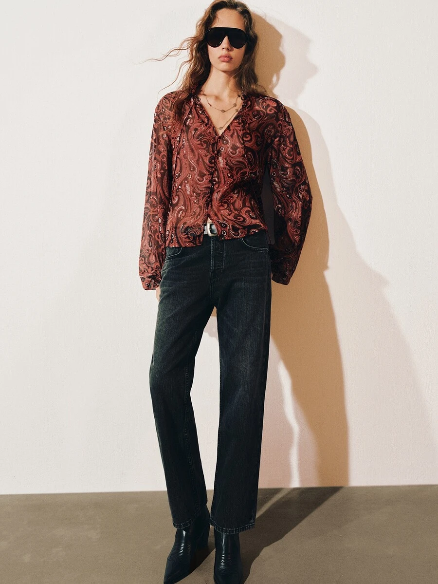 MOTF PREMIUM PAISLEY PRINT LOOSE TIE NECK LANTERN LONG SLEEVE SHEER TOP - Brown - View 2