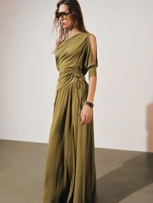 MOTF PREMIUM FRENCH MINIMALIST RUCHED OFF SHOULDER TOP AND HIGH SLIT SKIRT 2 PIECES SET - Olive Green - View 3