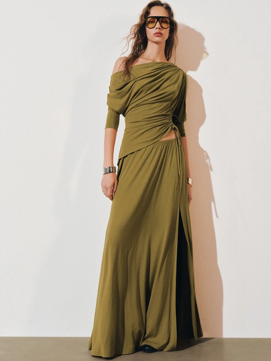 MOTF PREMIUM FRENCH MINIMALIST RUCHED OFF SHOULDER TOP AND HIGH SLIT SKIRT 2 PIECES SET - Olive Green - View 1