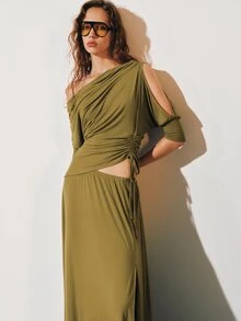 MOTF PREMIUM FRENCH MINIMALIST RUCHED OFF SHOULDER TOP AND HIGH SLIT SKIRT 2 PIECES SET - Olive Green - View 5