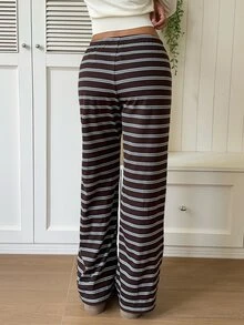 CovetEZ Women's Drawstring Waist Striped Casual Versatile Daily Travel Long Pants - Brown - View 4