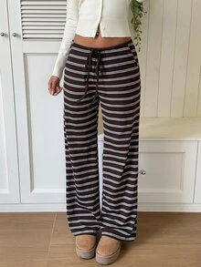 CovetEZ Women's Drawstring Waist Striped Casual Versatile Daily Travel Long Pants - Brown - View 5
