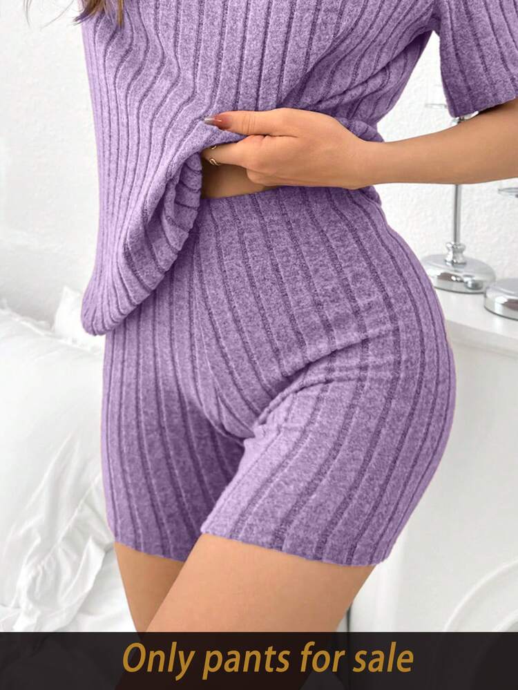 SHEIN 女士纯色拉绒罗纹修身短裤、家居服 - 紫色 - 查看 3